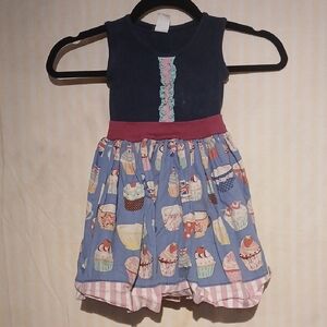 Cupcake Print Kids Casual Dress - Blue and Pink